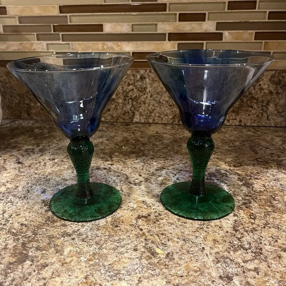 Vintage Libbey Marbleique Blue Swirl and Green Martini Glasses Set of 2